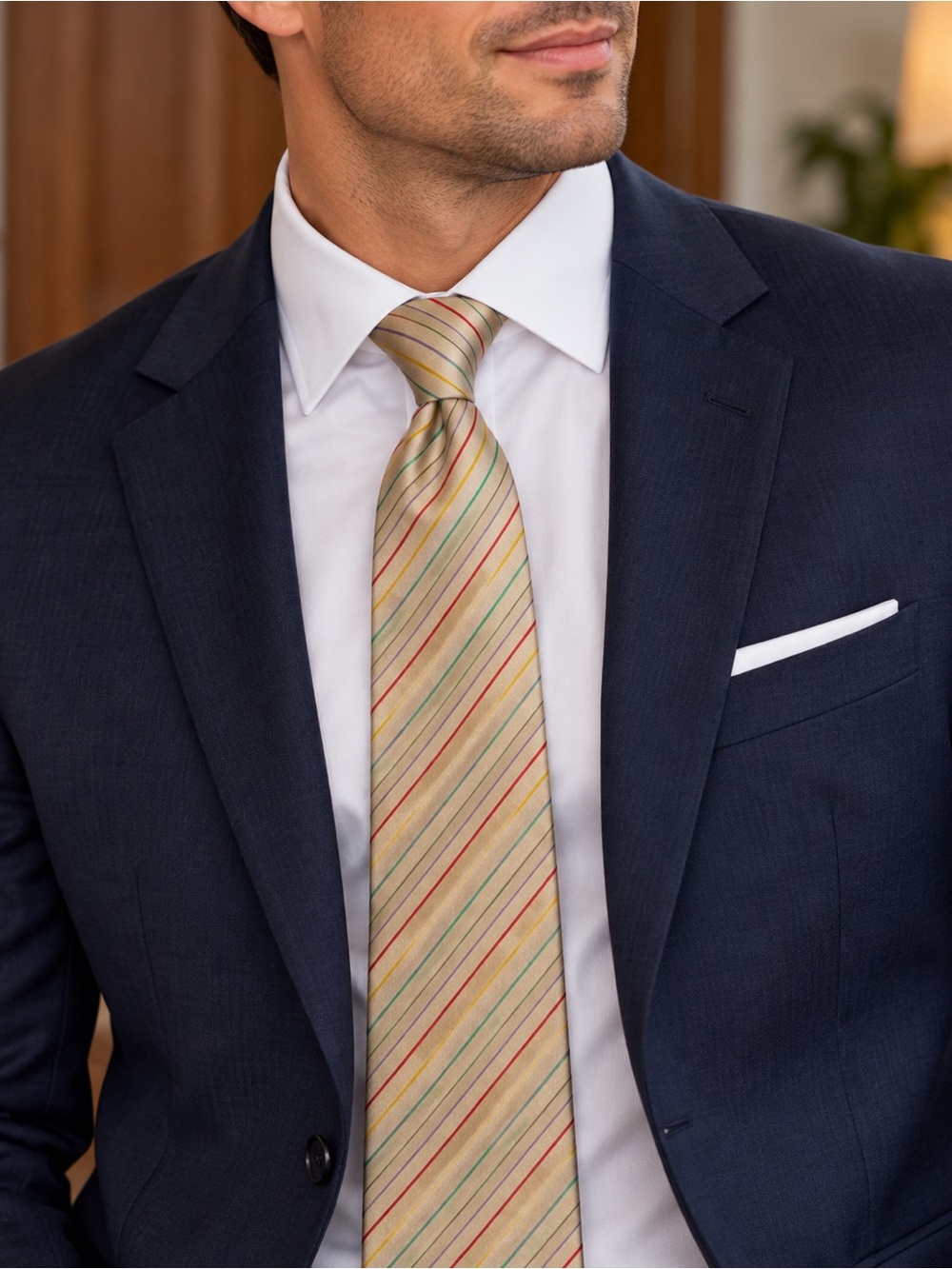 Oscar de la Renta 100% Silk Tie Beige Multicolor Diagonal Stripe Classic